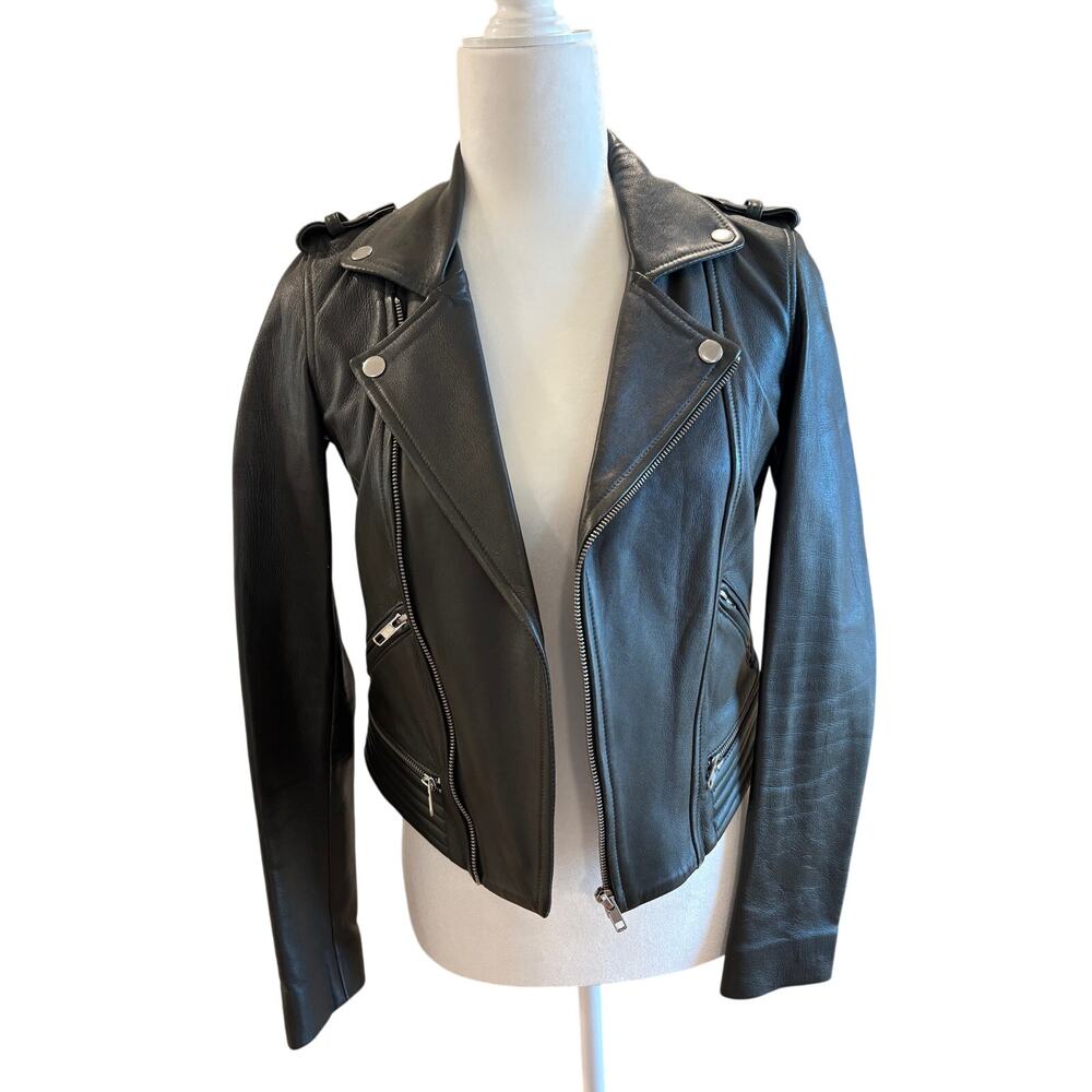Maje Dark Green Lamb Leather Biker Jacket Size 36 - Small